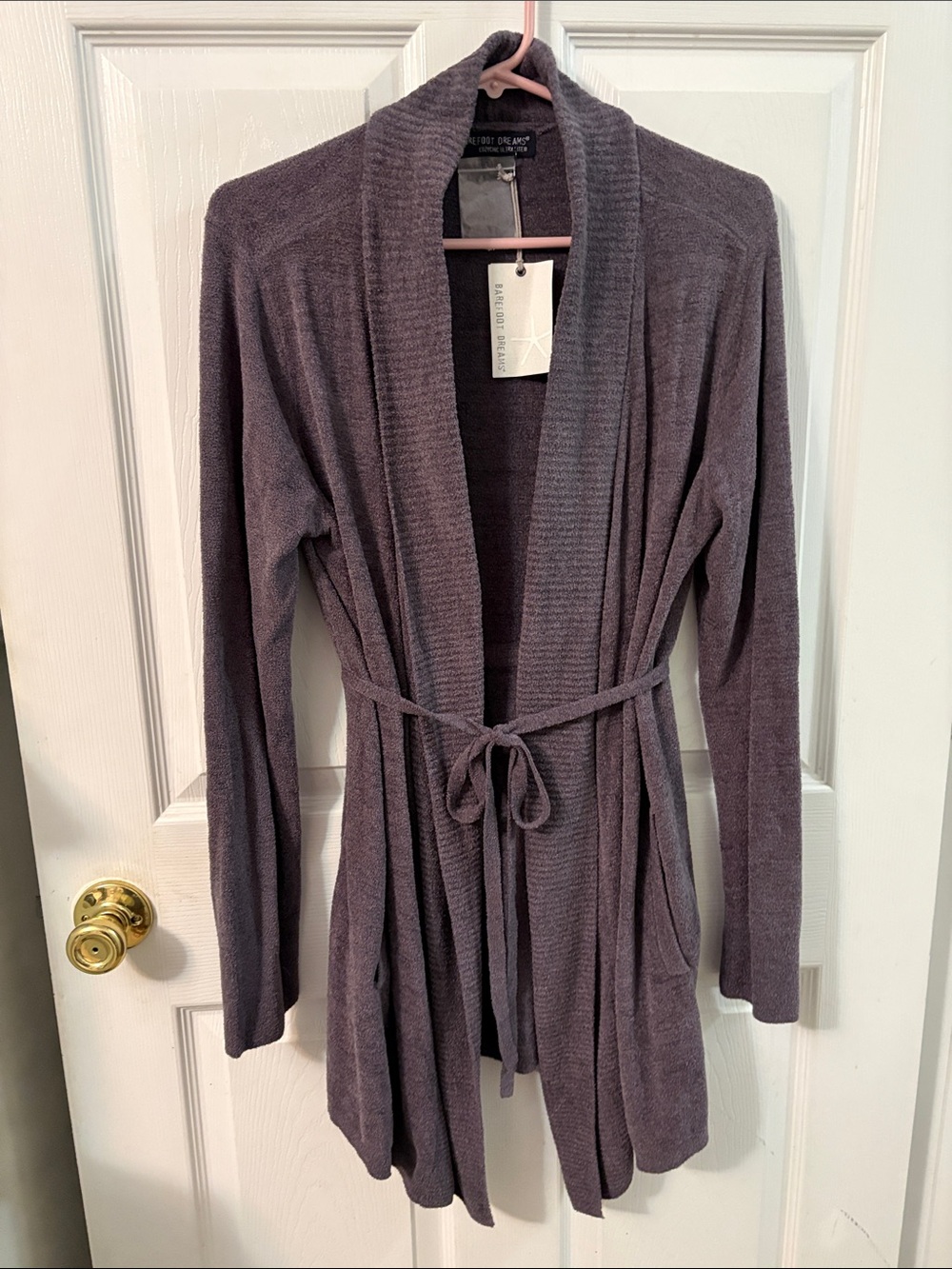 Barefoot Dreams Cozychic Ultra Lite tie cardigan in Pacific Blue.